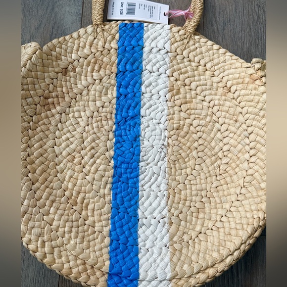 Vineyard Vines Woven Straw Round Tote Natural w/Deep Bay Sky Blue & White Stripe - Picture 3 of 8